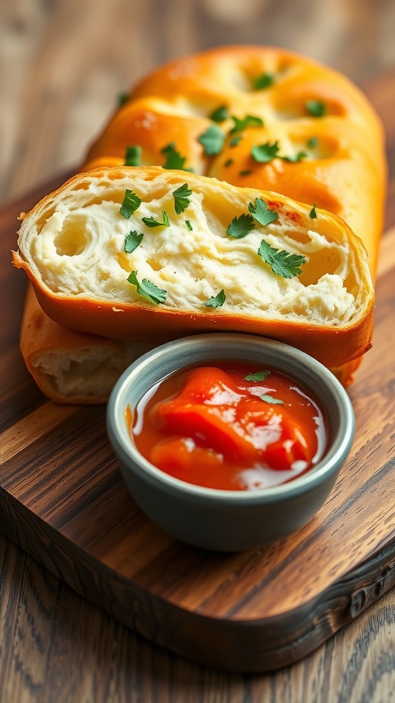 A loaf of garlic bread with parsley, served with marinara sauce on a wooden board.